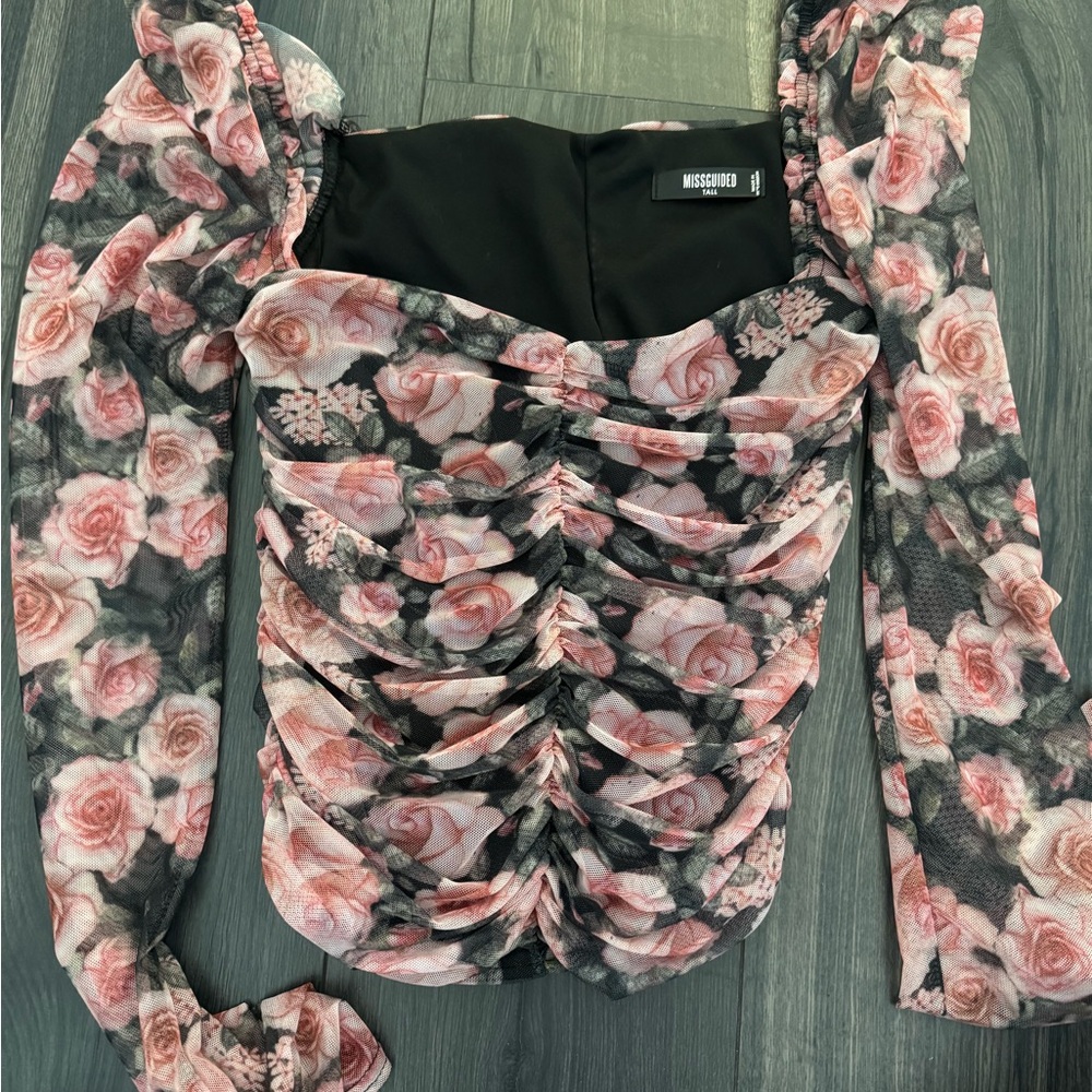 Missguided Floral Mesh Ruched Top - Pink and Black